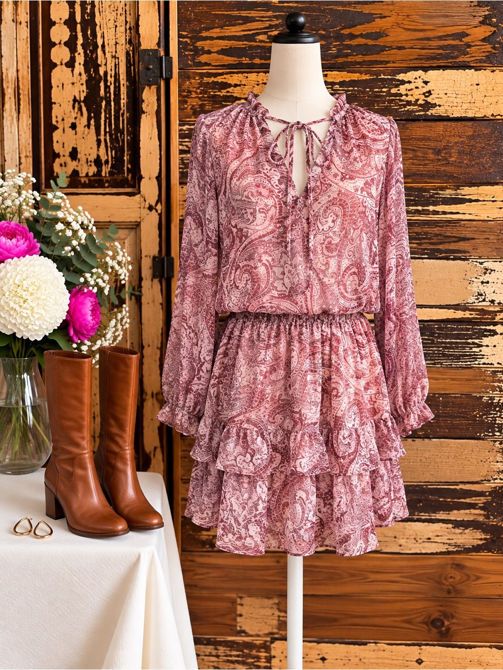 VICI Mauve Paisley Ruffle Tiered Mini Dress | Boho | NWOT | Size M